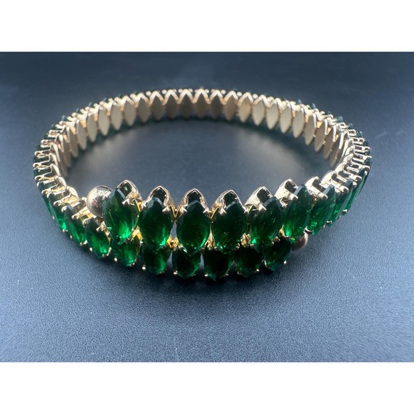Jewelry - Vintage Emerald Green Glass Navette Rhinestone Flexible Bracelet Mid Century